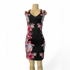 Guess Black and Pink Bodycon Mini Dress with V-Neck